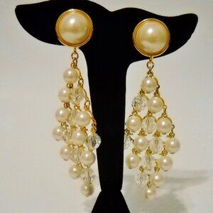 Chandelier Earrings Avon Pearl Crystal Beaded Gold Tone Metal Dangle Clip On